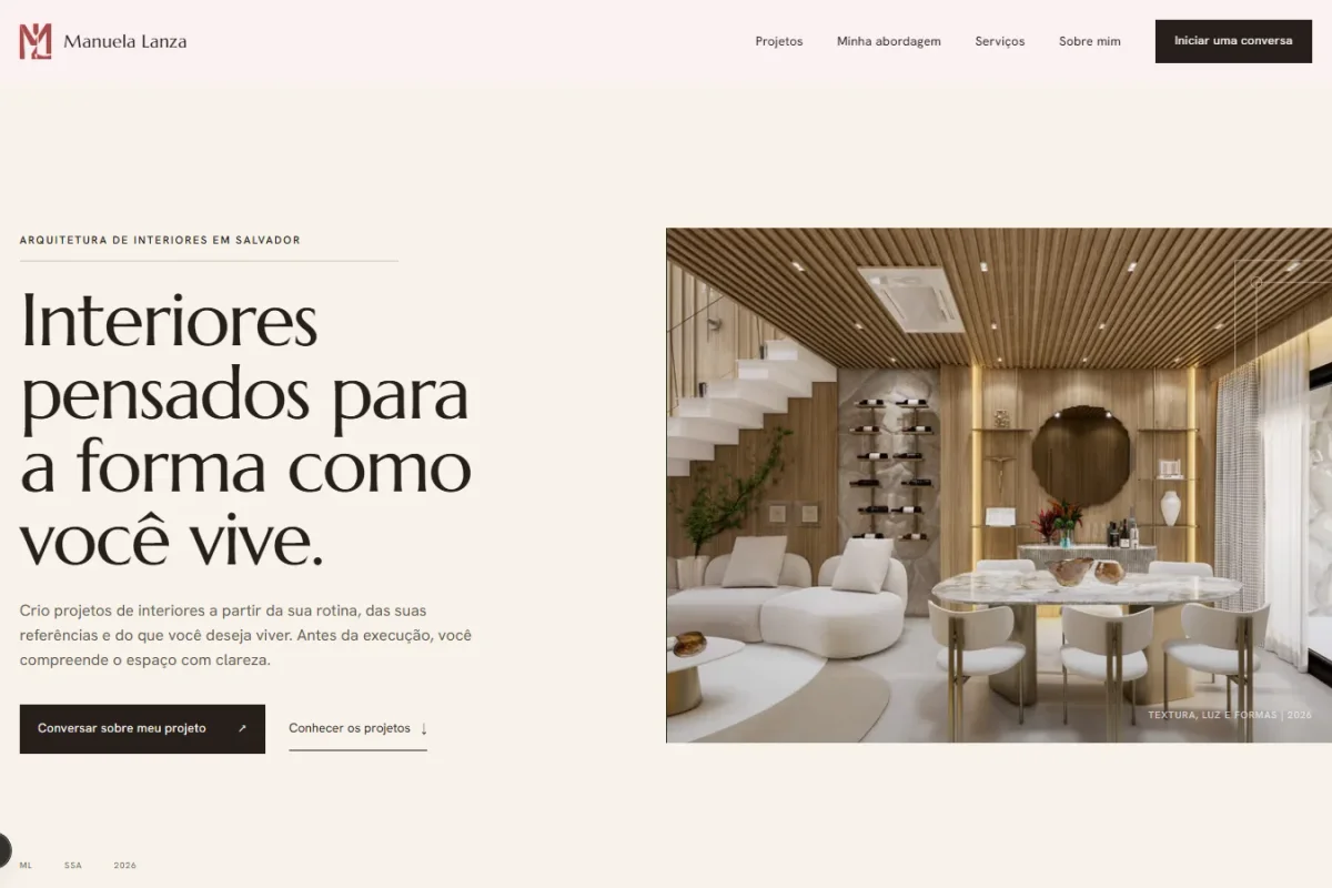 Página inicial do site de Manuela Lanza com projeto de interiores em destaque