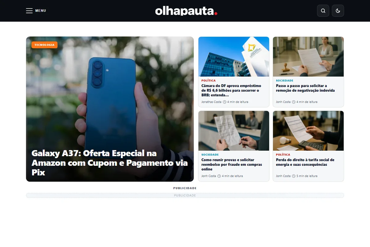 Portal Olha Pauta com destaques editoriais